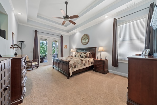 128A Montego Bay Rd, Milledgeville, GA 31061 - bedroom with french doors, access to exterior, light carpet, ornamental molding, and a tray ceiling