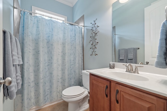 128A Montego Bay Rd, Milledgeville, GA 31061 - bathroom featuring ornamental molding, toilet, vanity, tile patterned floors, and a shower with shower curtain