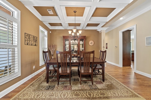 128A Montego Bay Rd, Milledgeville, GA 31061 - dining room featuring a chandelier, wood finished floors, baseboards, coffered ceiling, and beam ceiling