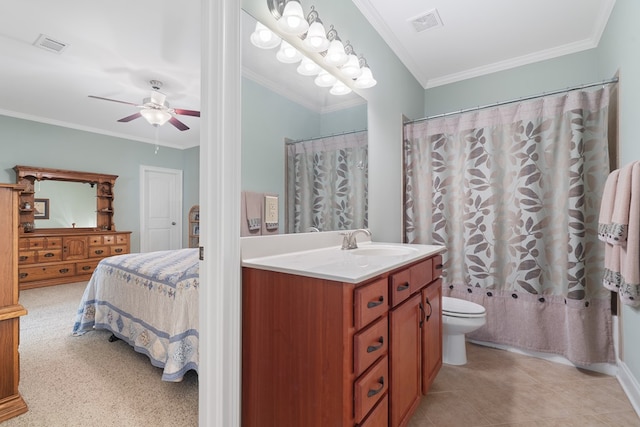 128A Montego Bay Rd, Milledgeville, GA 31061 - ensuite bathroom with vanity, a ceiling fan, ornamental molding, toilet, and tile patterned flooring
