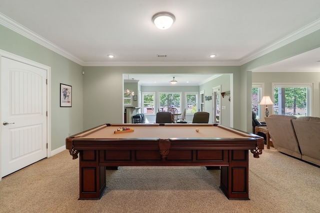128A Montego Bay Rd, Milledgeville, GA 31061 - game room with light carpet, ornamental molding, healthy amount of natural light, pool table, and recessed lighting