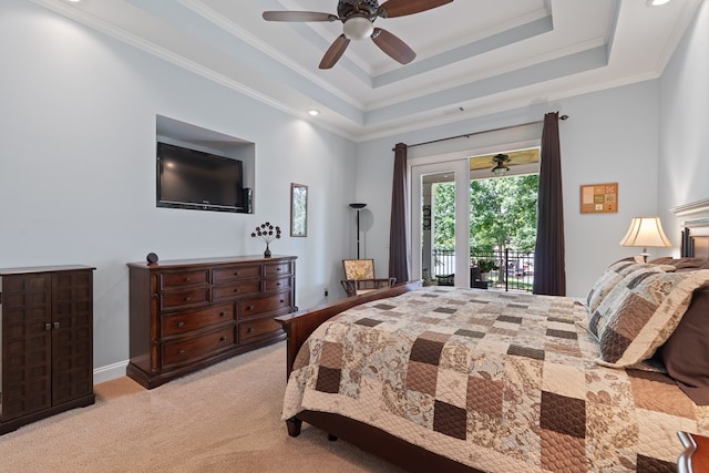 128A Montego Bay Rd, Milledgeville, GA 31061 - bedroom with access to outside, light colored carpet, a ceiling fan, a tray ceiling, and ornamental molding