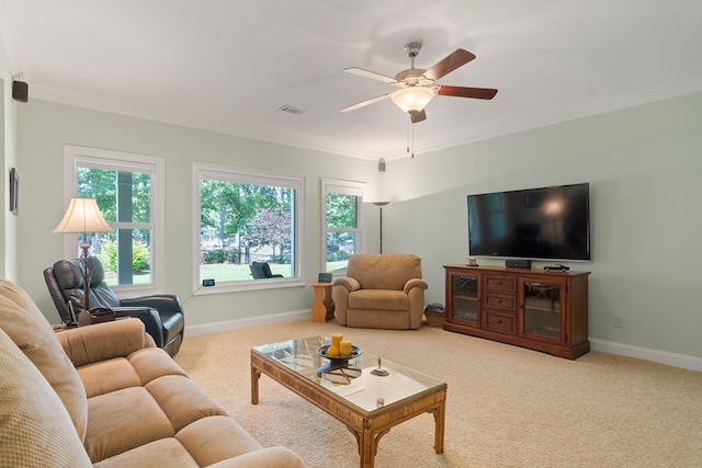 128A Montego Bay Rd, Milledgeville, GA 31061 - carpeted living room featuring ornamental molding, a ceiling fan, and baseboards