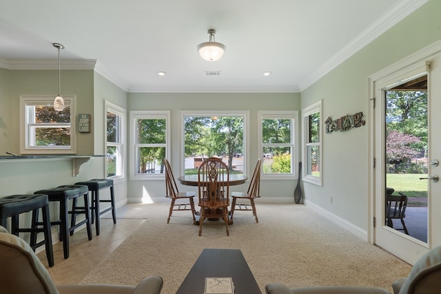 128A Montego Bay Rd, Milledgeville, GA 31061 - dining space with baseboards, crown molding, light colored carpet, recessed lighting, and light tile patterned floors