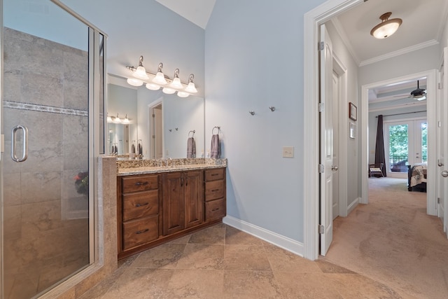 128A Montego Bay Rd, Milledgeville, GA 31061 - bathroom featuring vanity, ensuite bathroom, a shower stall, french doors, and crown molding