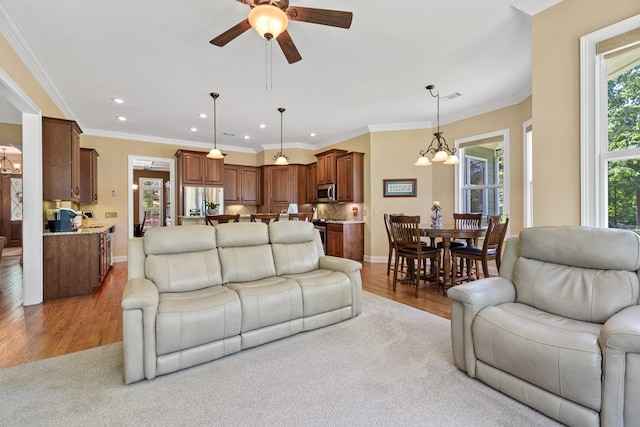 128A Montego Bay Rd, Milledgeville, GA 31061 - living room with a ceiling fan, light wood finished floors, recessed lighting, baseboards, and ornamental molding