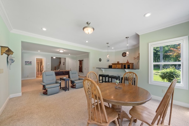 128A Montego Bay Rd, Milledgeville, GA 31061 - dining space with baseboards, light colored carpet, recessed lighting, and crown molding