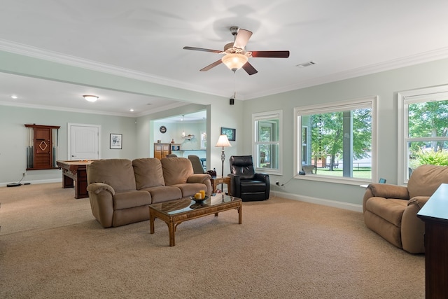 128A Montego Bay Rd, Milledgeville, GA 31061 - living room with carpet floors, a ceiling fan, baseboards, and ornamental molding