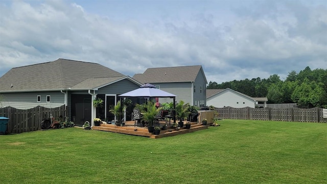110 Colin Ln, Eatonton, GA 31024 - rear view of house featuring a gazebo, a wooden deck, and a sunroom