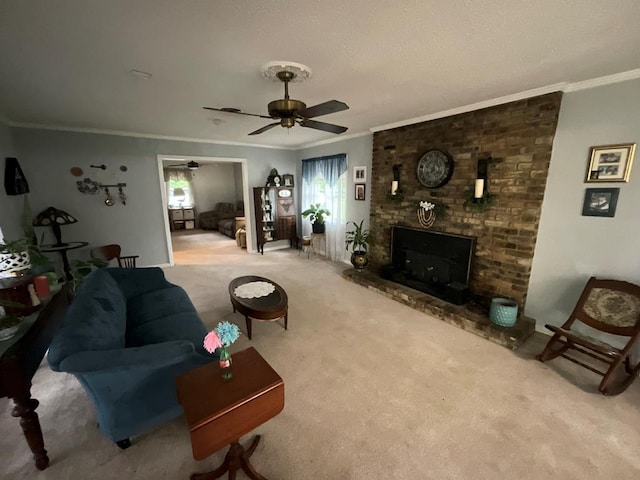 1745 Cedarwood Dr, Milledgeville, GA 31061 - carpeted living room featuring plenty of natural light, ornamental molding, ceiling fan, and a brick fireplace