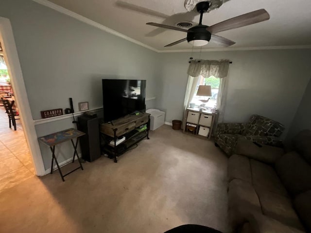 1745 Cedarwood Dr, Milledgeville, GA 31061 - carpeted living room featuring a ceiling fan, ornamental molding, and baseboards