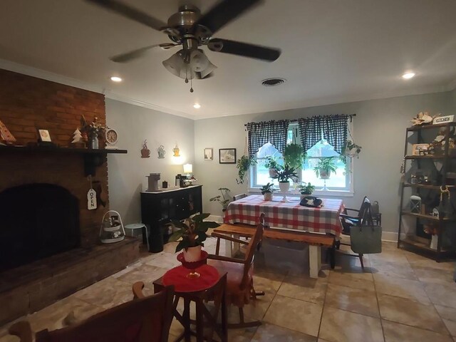 1745 Cedarwood Dr, Milledgeville, GA 31061 - dining room featuring ceiling fan, crown molding, recessed lighting, and light tile patterned flooring