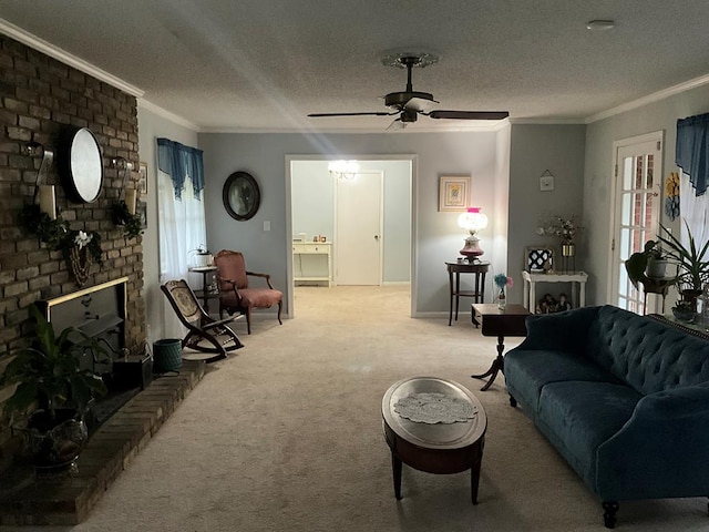 1745 Cedarwood Dr, Milledgeville, GA 31061 - living area with crown molding, light carpet, a fireplace, a ceiling fan, and a textured ceiling
