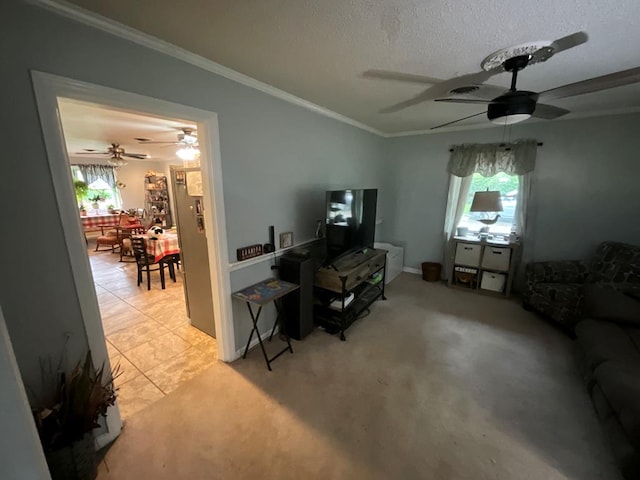 1745 Cedarwood Dr, Milledgeville, GA 31061 - living room with a ceiling fan, healthy amount of natural light, ornamental molding, light colored carpet, and a textured ceiling