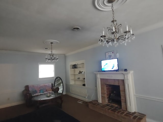 1745 Cedarwood Dr, Milledgeville, GA 31061 - dining area with a chandelier, crown molding, and a brick fireplace