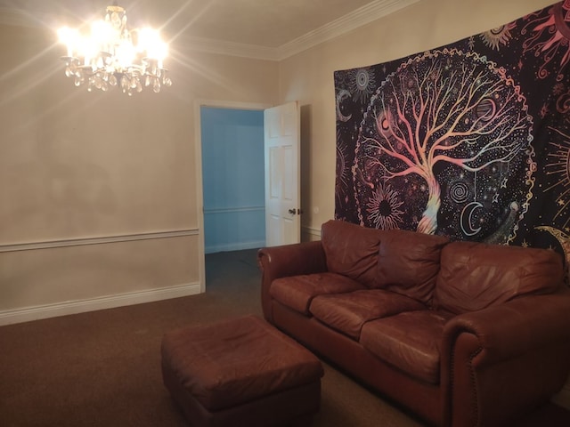 1745 Cedarwood Dr, Milledgeville, GA 31061 - carpeted living room with a chandelier, ornamental molding, and baseboards