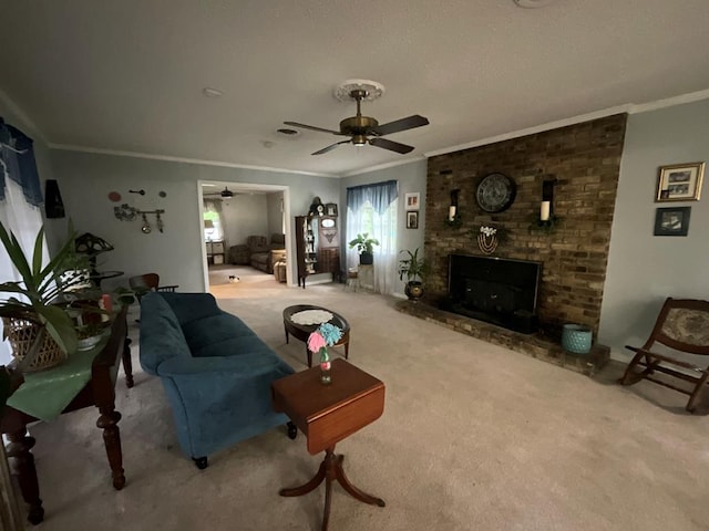 1745 Cedarwood Dr, Milledgeville, GA 31061 - carpeted living room with crown molding, a ceiling fan, and a fireplace