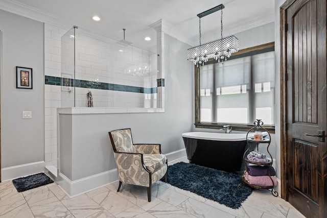 bathroom featuring a notable chandelier, separate shower and tub, and crown molding