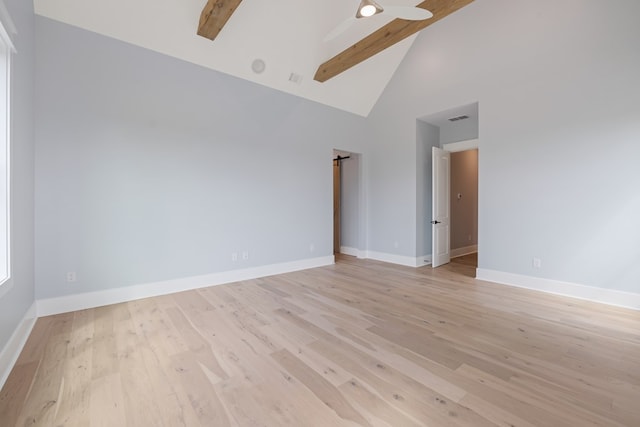 unfurnished room with beam ceiling, light hardwood / wood-style floors, high vaulted ceiling, and ceiling fan