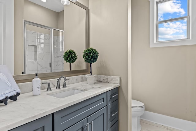 bathroom with vanity, a shower with shower door, and toilet