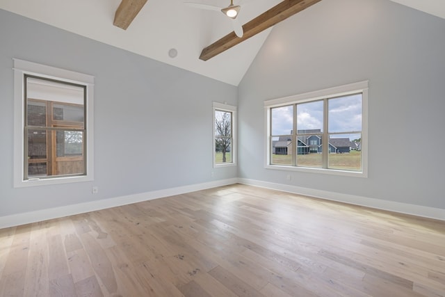 empty room featuring beam ceiling, ceiling fan, high vaulted ceiling, and light wood-type flooring