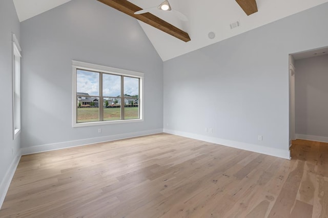 unfurnished room featuring ceiling fan, beam ceiling, high vaulted ceiling, and light hardwood / wood-style flooring