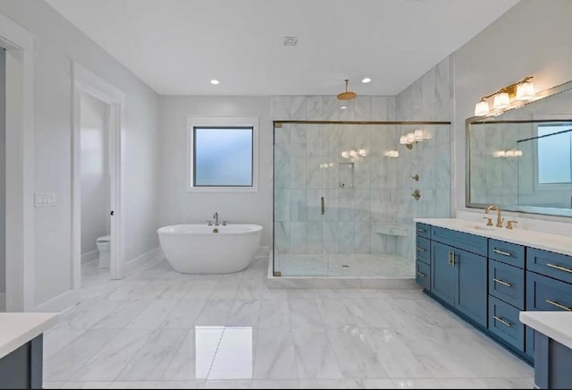 bathroom with vanity, a healthy amount of sunlight, and separate shower and tub