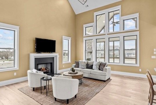 living room featuring high vaulted ceiling and light hardwood / wood-style flooring