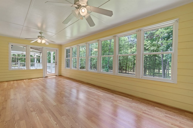 unfurnished sunroom featuring wood walls and wood finished floors