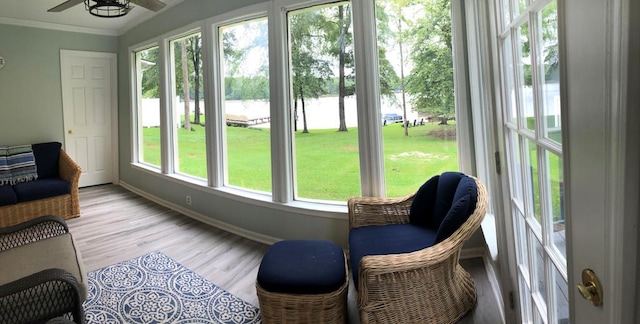 sunroom with ceiling fan and a healthy amount of sunlight