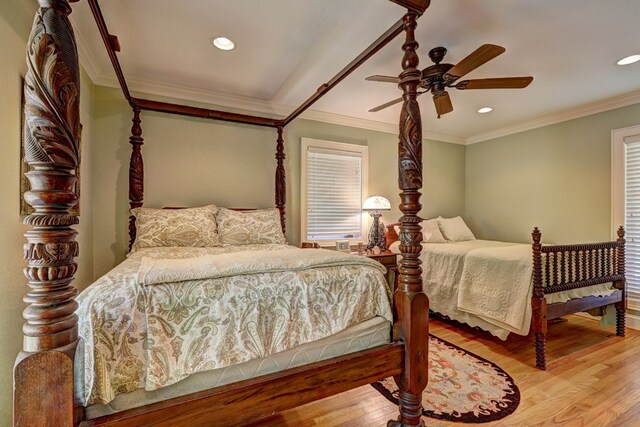 136 Kings Rd, Milledgeville, GA 31061 - bedroom with wood finished floors, recessed lighting, ornamental molding, and a ceiling fan