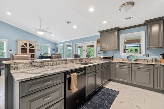 2122 Harbour Point Dr, Sparta, GA 31087 - kitchen featuring dishwasher, gray cabinets, a peninsula, ornamental molding, and vaulted ceiling