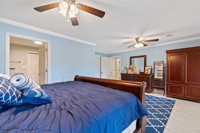 2122 Harbour Point Dr, Sparta, GA 31087 - bedroom with light marble finish flooring, ornamental molding, and a ceiling fan