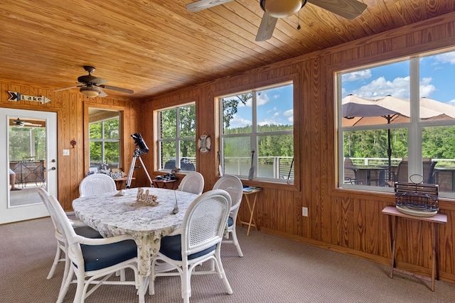 2122 Harbour Point Dr, Sparta, GA 31087 - carpeted dining room with a ceiling fan, wooden walls, wooden ceiling, healthy amount of natural light, and baseboards