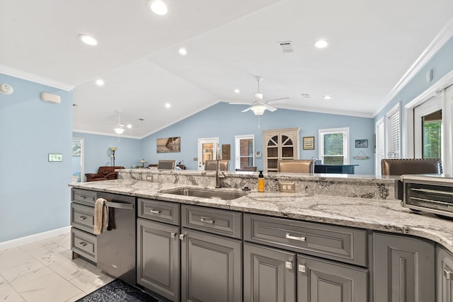 2122 Harbour Point Dr, Sparta, GA 31087 - kitchen with a sink, a ceiling fan, gray cabinetry, stainless steel dishwasher, and light marble finish flooring