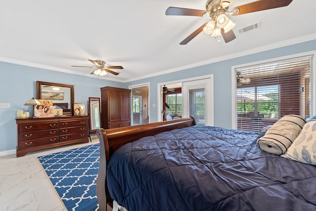 2122 Harbour Point Dr, Sparta, GA 31087 - bedroom with access to outside, light marble finish floors, ornamental molding, and a ceiling fan