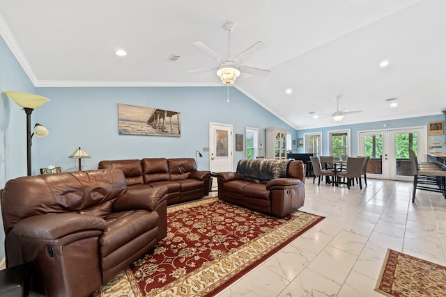 2122 Harbour Point Dr, Sparta, GA 31087 - living area featuring a ceiling fan, light marble finish floors, french doors, vaulted ceiling, and recessed lighting