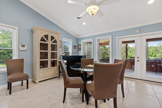 2122 Harbour Point Dr, Sparta, GA 31087 - dining area featuring vaulted ceiling, light marble finish flooring, ornamental molding, a ceiling fan, and french doors
