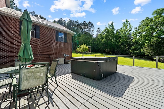2122 Harbour Point Dr, Sparta, GA 31087 - wooden terrace with a hot tub, a yard, outdoor dining area, and view of scattered trees