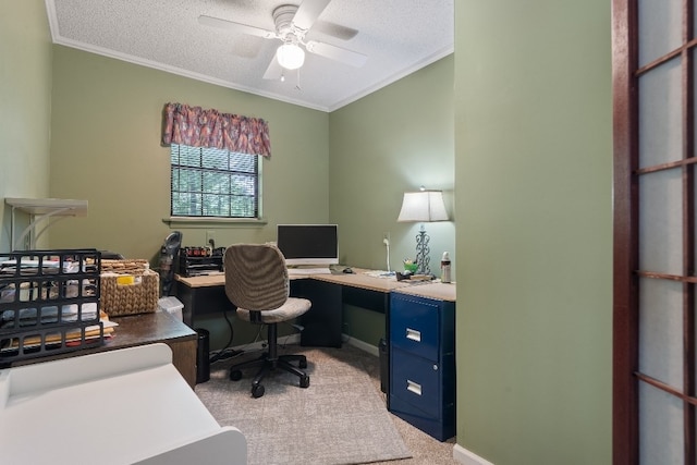 102 E Montego Ct, Milledgeville, GA 31061 - office area with ornamental molding, light colored carpet, a ceiling fan, and a textured ceiling