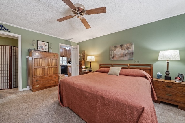 102 E Montego Ct, Milledgeville, GA 31061 - carpeted bedroom with crown molding, a textured ceiling, a ceiling fan, and connected bathroom