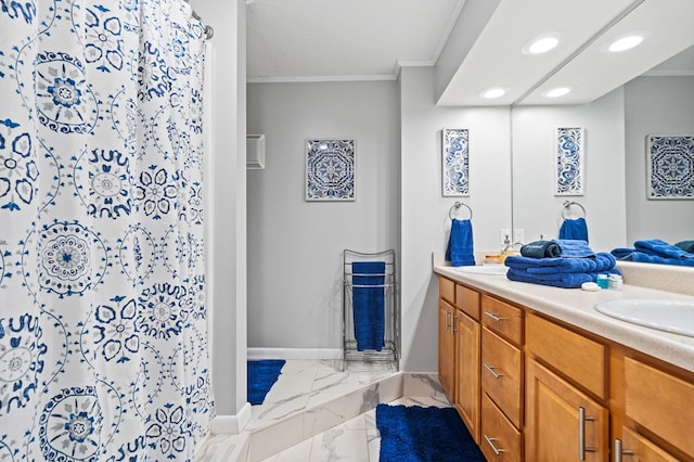 bathroom with a textured ceiling, vanity, ornamental molding, and a shower with shower curtain