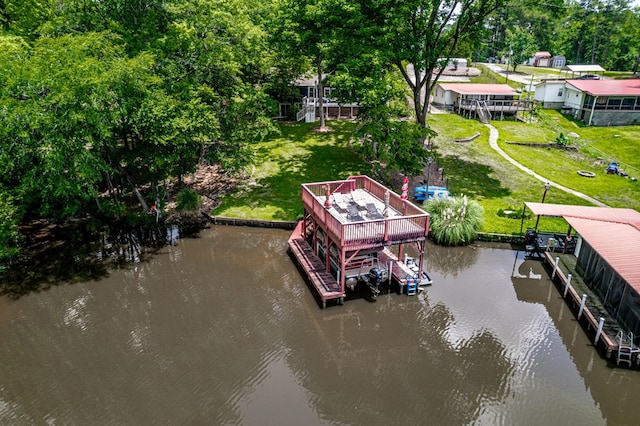 drone / aerial view featuring a water view