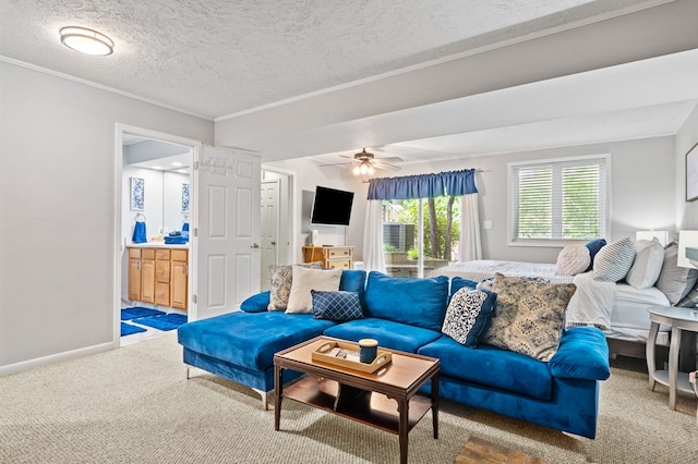 living room featuring crown molding, a textured ceiling, and carpet floors