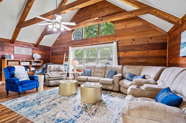 living room with hardwood / wood-style flooring, beam ceiling, high vaulted ceiling, and ceiling fan