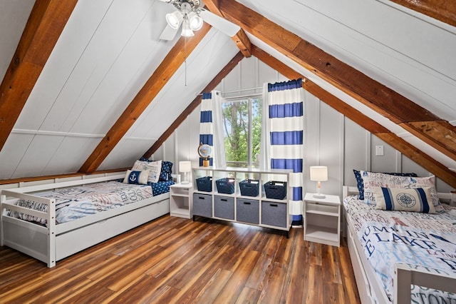 bedroom featuring vaulted ceiling with beams, ceiling fan, and dark hardwood / wood-style flooring