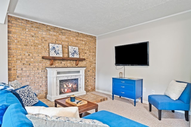 carpeted living room featuring a textured ceiling, a premium fireplace, and ornamental molding