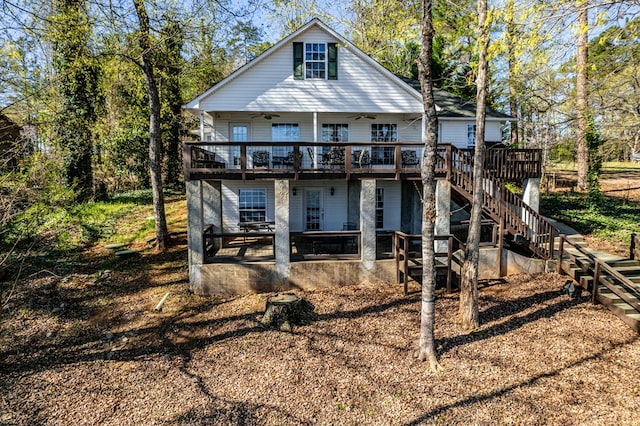 back of property with stairs, a patio, a wooden deck, and ceiling fan