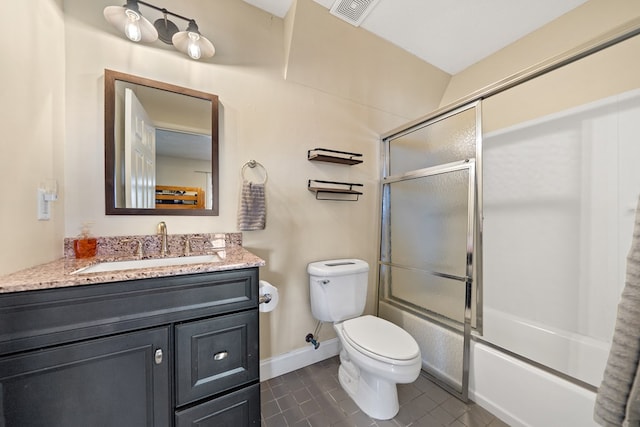 full bathroom with vanity, tile patterned flooring, visible vents, toilet, and baseboards