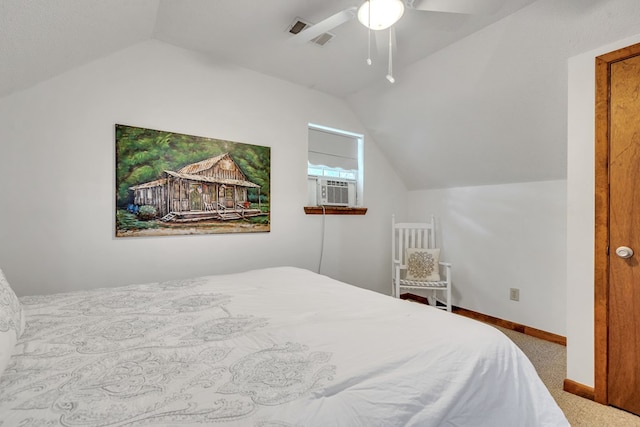 bedroom featuring carpet, vaulted ceiling, ceiling fan, and cooling unit